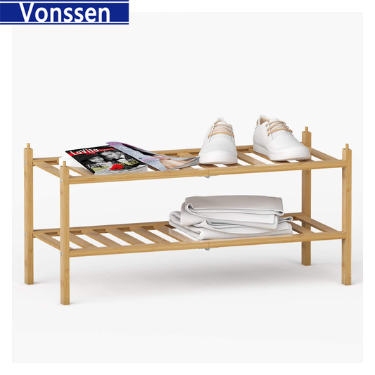 Vonssen 2-Tier Bamboo Shoe Rack Premium Stackable Shoe shelf Storage Organizer For Hallway Closet Living Room Entryway Organizer Natural Bamboo VS1060200013