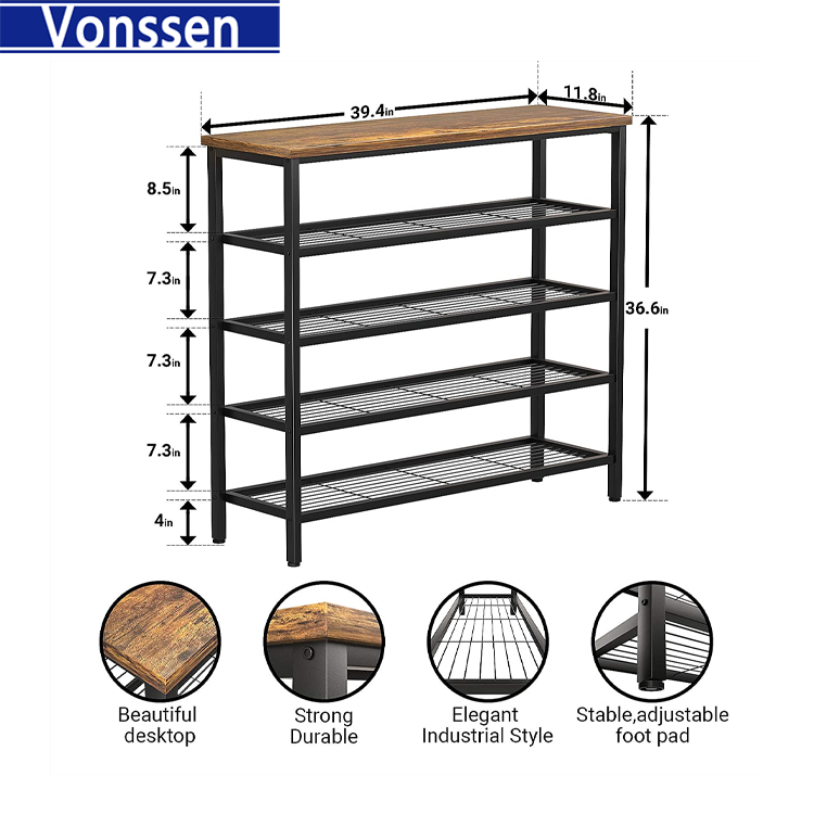 Vonssen Shoe Rack Industrial Shoe Storage Organizer Large 5-Tier Metal Shoe Rack Shelves with Wood Board Entryway Table for Hallway Living Room Closet Bedroom VS1060200022