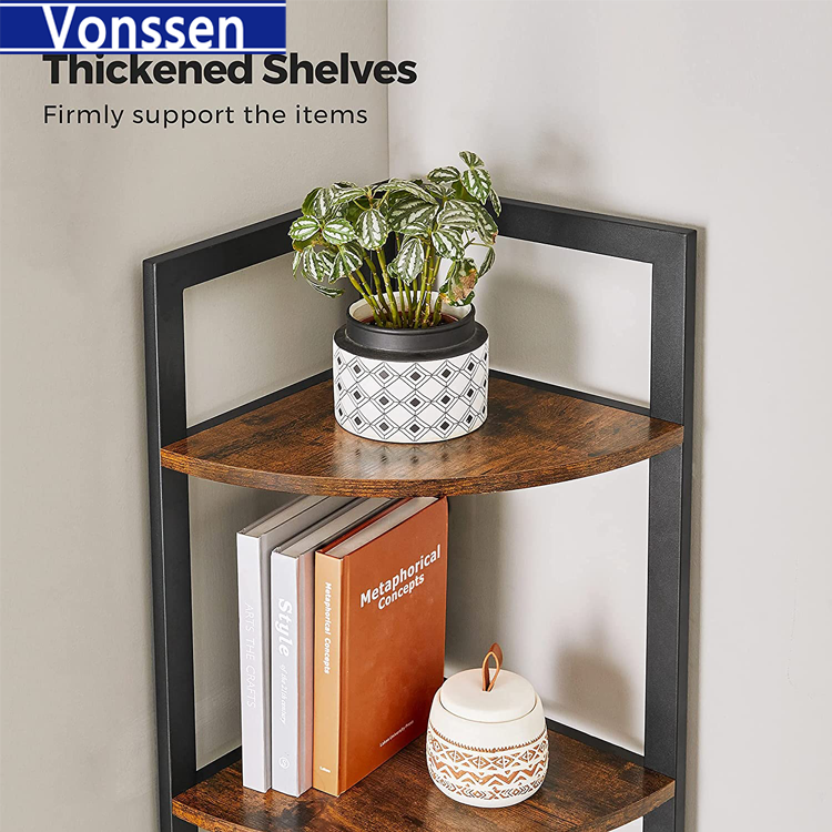 Vonssen 5 Tier Corner Shelf Stand Corner Bookshelf Tall Corner Storage Shelves Industrial Rack Plant Stand for Living Room Bedroom Home Office Rustic Brown and Black VS1050200026