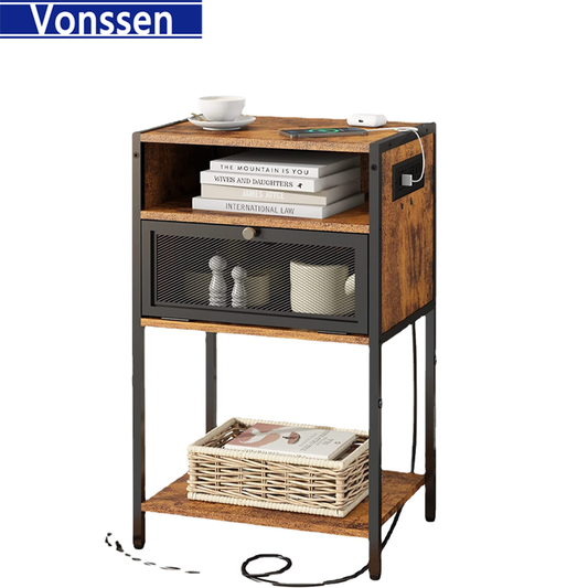 Vonssen Nightstand with Charging Station Bedside Tables with 3 Tiers Storage Space and Door End Tables with USB Ports and Outlets for Bedroom Living Room Brown VS1010400122 --