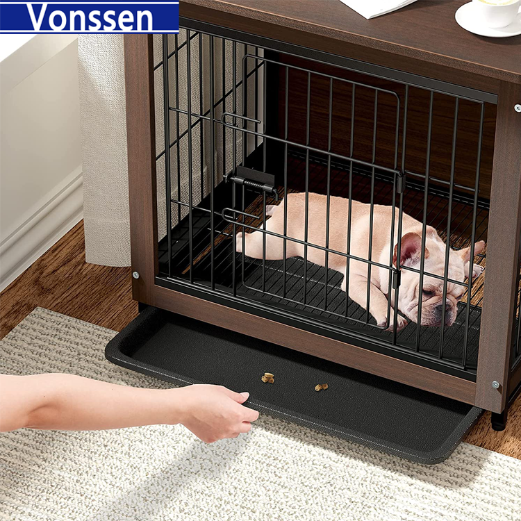 Vonssen Wooden Dog Crate Furniture: 38 inch Nightstand Style Animal Crates with Tray - Indoor Pet Training Pen Cage with Wood Top Double Gate Cute Escape Chew Proof Walnut Brown VS3010100006