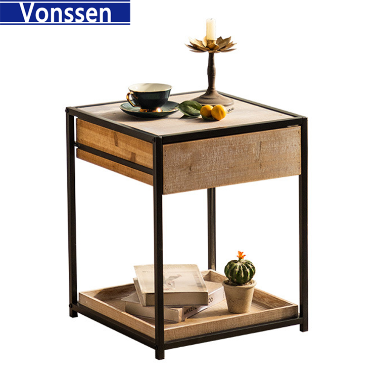 Vonssen Riverside Solid Mango Wood and Metal 20 inch wide Rectangle End Table Industrial End Side Table in Natural with Storage 1 Drawer and 1 Shelf for the Living Room and Bedroom VS1010400082