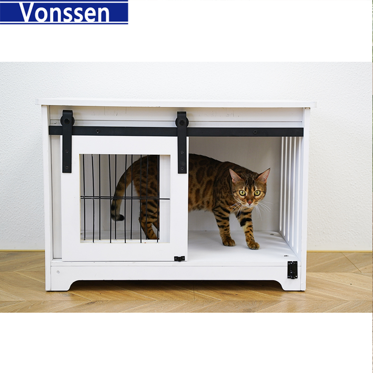 Vonssen Barn Door Pet Crate End Table with Sliding Door for Dogs Cats (White) VS3010100001