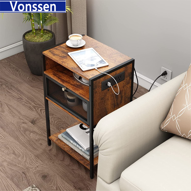 Vonssen Nightstand with Charging Station Bedside Tables with 3 Tiers Storage Space and Door End Tables with USB Ports and Outlets for Bedroom Living Room Brown VS1010400122 --