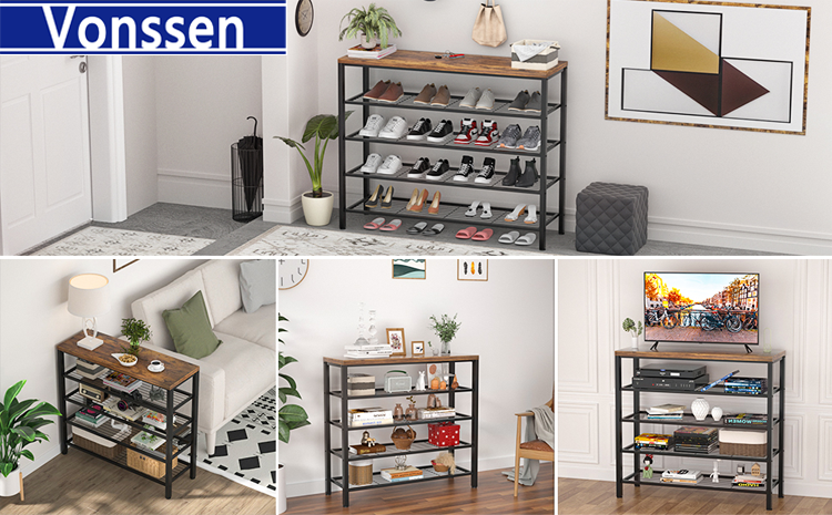 Vonssen Shoe Rack Industrial Shoe Storage Organizer Large 5-Tier Metal Shoe Rack Shelves with Wood Board Entryway Table for Hallway Living Room Closet Bedroom VS1060200022