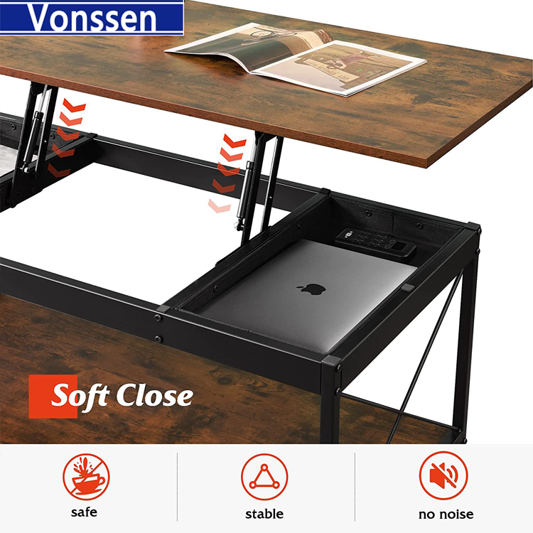 Vonssen  Lift Top Coffee Table with Hidden Compartment Industrial Dining Center Table with Storage Shelf and 2 Hidden Drawer Compartment Rising Cocktail Table VS1010400088