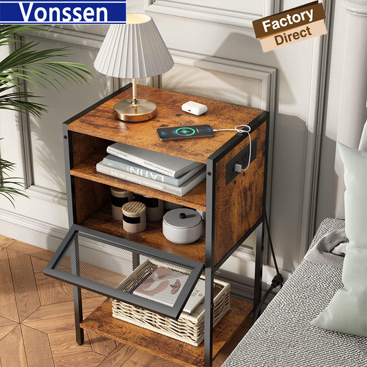 Vonssen Nightstand with Charging Station Bedside Tables with 3 Tiers Storage Space and Door End Tables with USB Ports and Outlets for Bedroom Living Room Brown VS1010400122 --