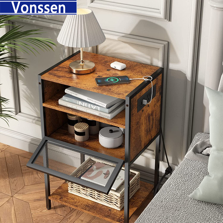 Vonssen Nightstand with Charging Station Bedside Tables with 3 Tiers Storage Space and Door End Tables with USB Ports and Outlets for Bedroom Living Room Brown VS1010400122 --