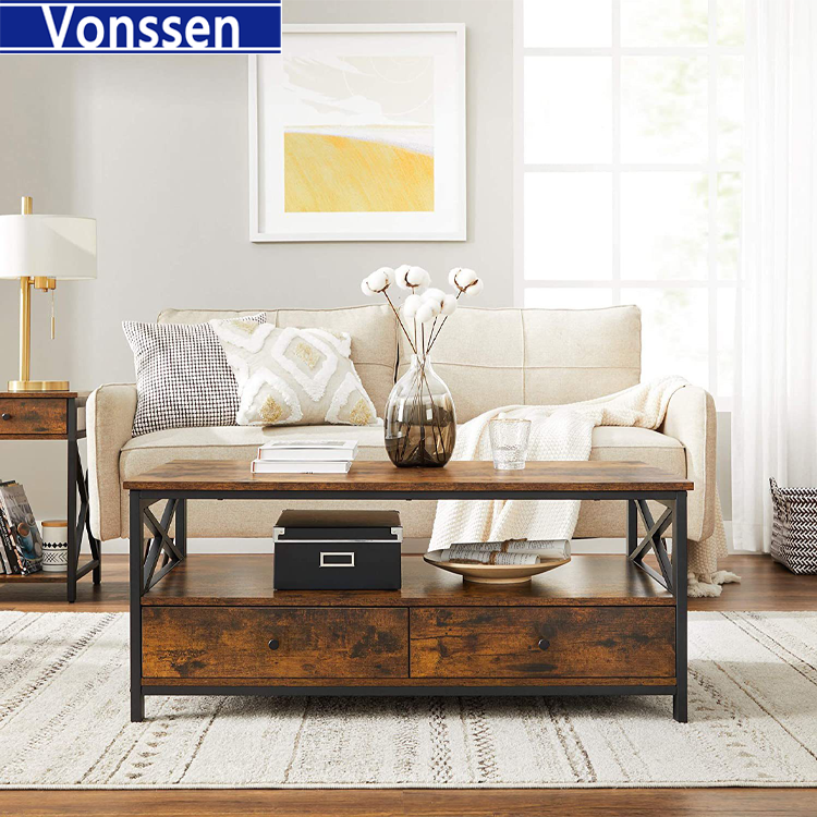 Vonssen Rustic Brown Cocktail Table Industrial Wood Top Metal Frame Coffee Table with Storage Shelf VS1010400087