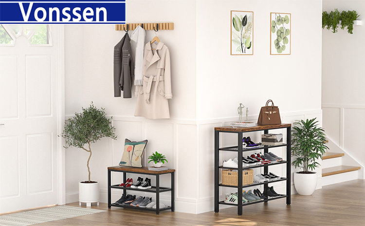 Vonssen Shoe Rack Industrial Shoe Storage Organizer Large 5-Tier Metal Shoe Rack Shelves with Wood Board Entryway Table for Hallway Living Room Closet Bedroom VS1060200022