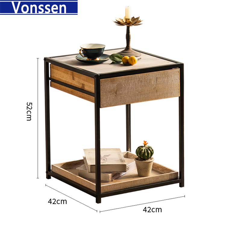 Vonssen Riverside Solid Mango Wood and Metal 20 inch wide Rectangle End Table Industrial End Side Table in Natural with Storage 1 Drawer and 1 Shelf for the Living Room and Bedroom VS1010400082