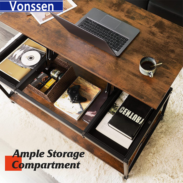 Vonssen  Lift Top Coffee Table with Hidden Compartment Industrial Dining Center Table with Storage Shelf and 2 Hidden Drawer Compartment Rising Cocktail Table VS1010400088