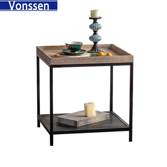 Vonssen Modern Black Metal Frame End Table with Oak Finish Wood Top and Bottom Shelf VS1010400081