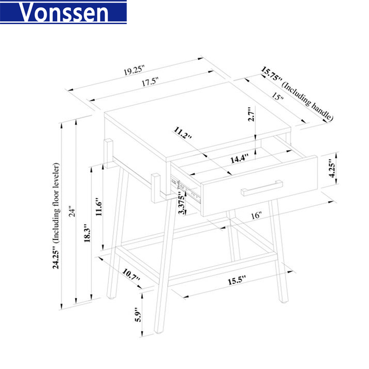 Vonssen End Side Table Nightstand with Drawer MDF IRON VS1010400101