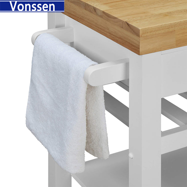 Vonssen Kitchen Island Cart Rolling Serving Cart Wood Trolley with Drawer Storage Cabinet Wine Bottle Rack Towel Rack and Lockable Wheels SI-20070