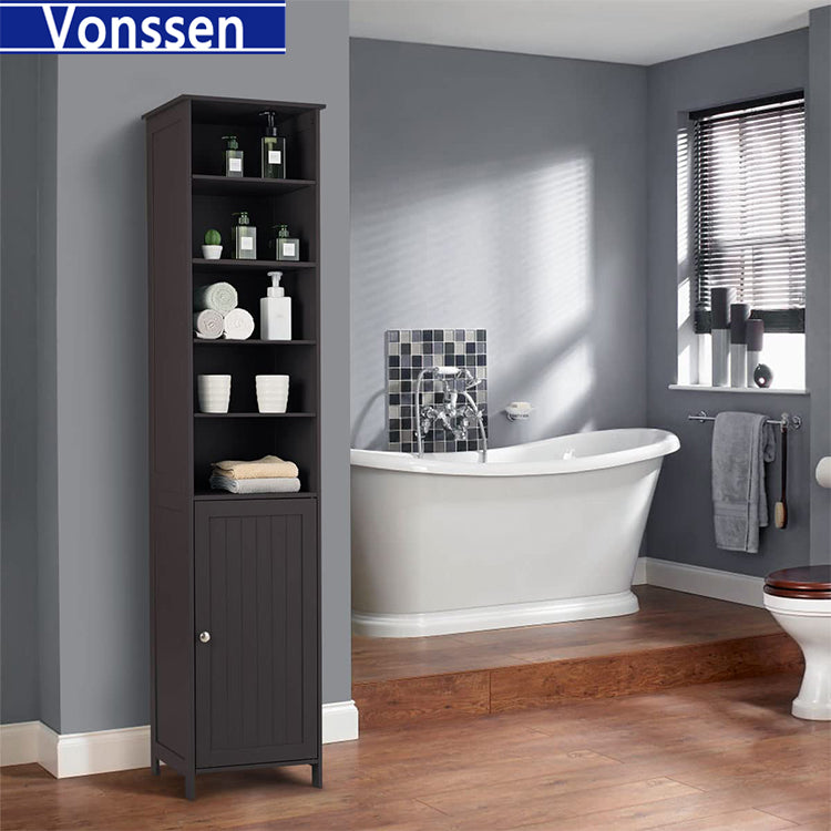 Vonssen Tall Cabinet WATERJOY Standing Tall Storage Cabinet Wooden White Bathroom Cupboard with Door and 5 Adjustable Shelves Elegant and Space-Saving SI-80148