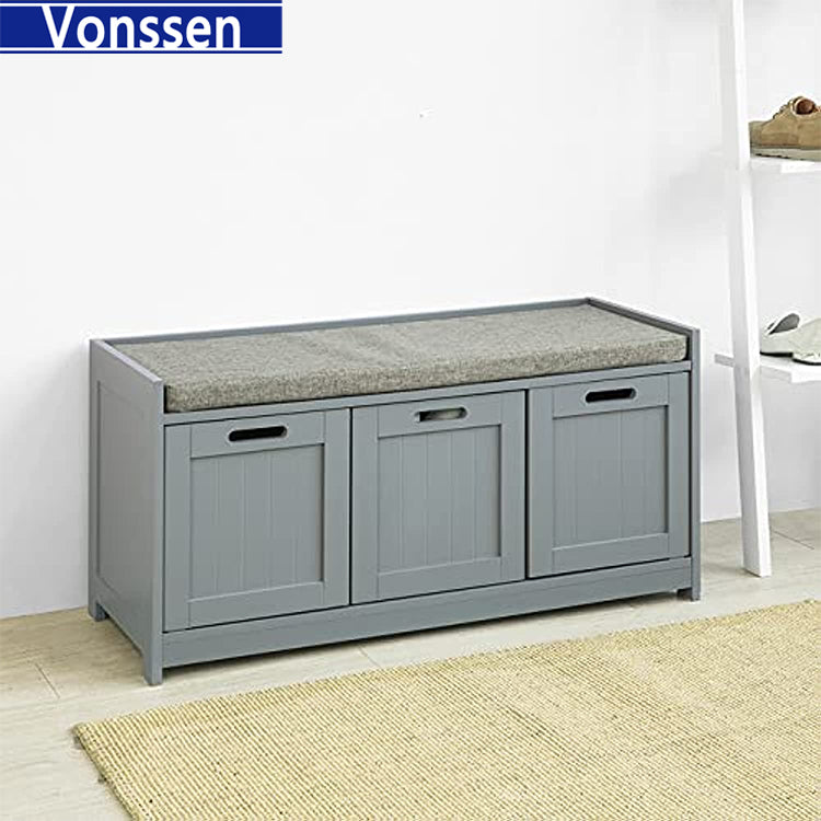 Vonssen White Storage Bench with 2 Drawers Removable Seat Cushion Shoe Cabinet Shoe Bench SI-20166