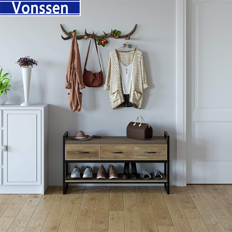 Vonssen  Shoe Bench Rack with Removable Cushion 2 Tier Shoe Bench with 3 Fabric Drawer for Entryway Bedroom Living Room Hallway Cherry VS1060200029