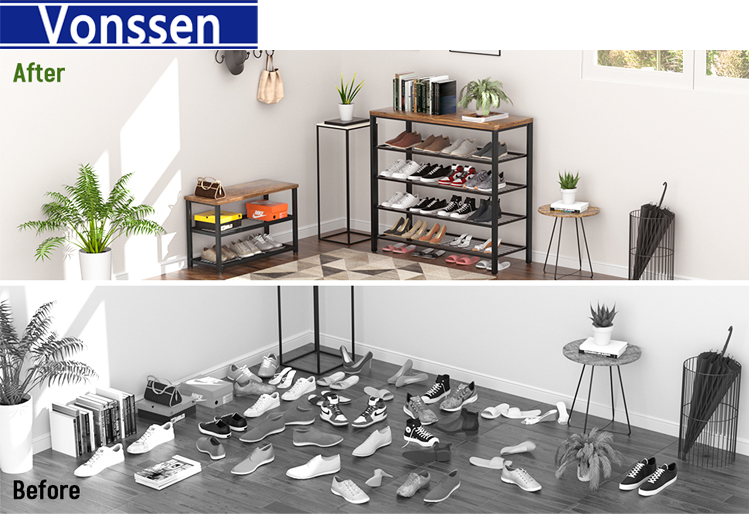 Vonssen Shoe Rack Industrial Shoe Storage Organizer Large 5-Tier Metal Shoe Rack Shelves with Wood Board Entryway Table for Hallway Living Room Closet Bedroom VS1060200022