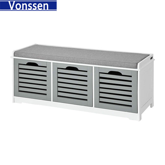 Vonssen 3 Seater Wooden Padded Shoe Bench Seat Cabinet Organiser Storage Drawers SI-20168