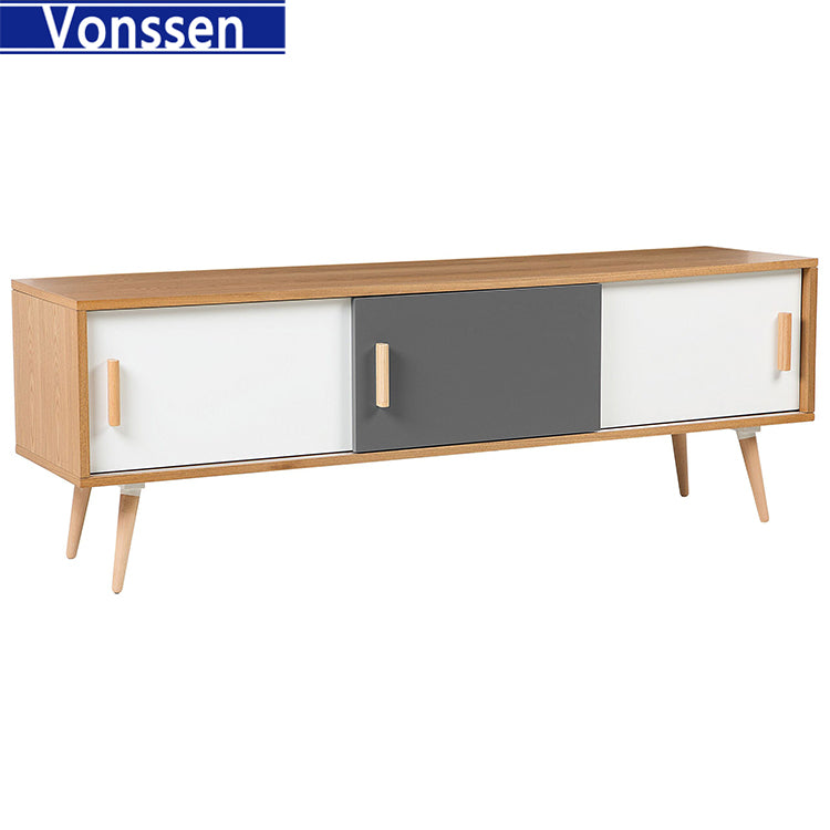 Modern Sideboard Solid Wood TV Stand Cable Management Hole White Grey 9604