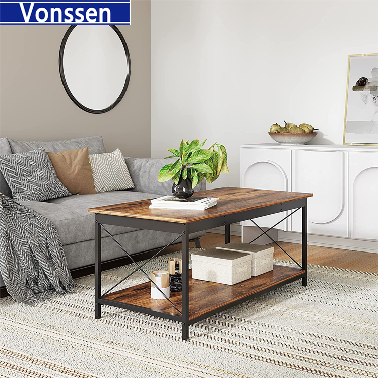 Vonssen  Lift Top Coffee Table with Hidden Compartment Industrial Dining Center Table with Storage Shelf and 2 Hidden Drawer Compartment Rising Cocktail Table VS1010400088