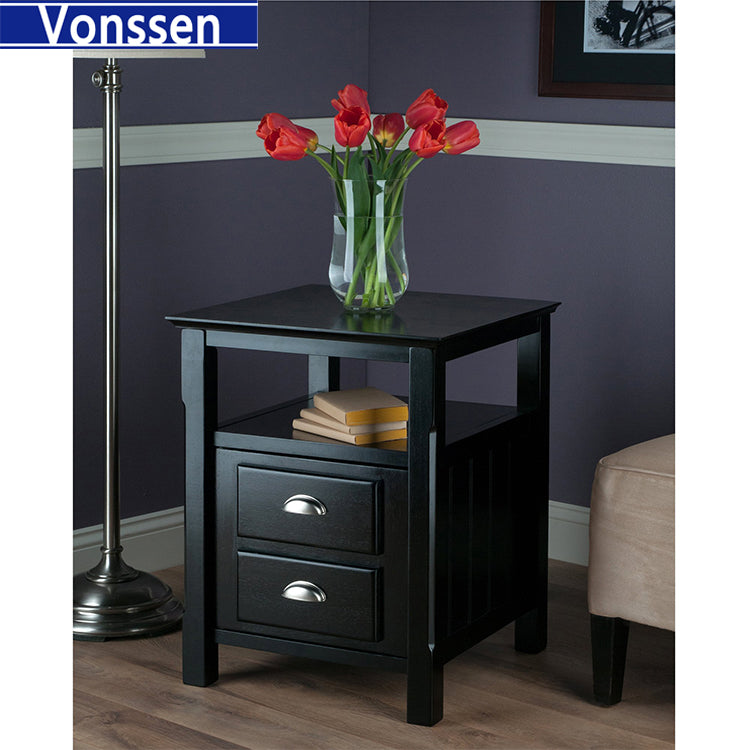 Vonssen Solid Wood 2 Drawer Timber Night Stand Black Finish SI-30024