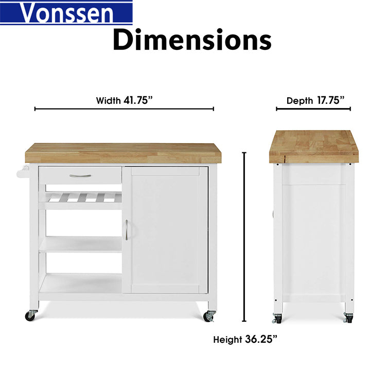 Vonssen Kitchen Island Cart Rolling Serving Cart Wood Trolley with Drawer Storage Cabinet Wine Bottle Rack Towel Rack and Lockable Wheels SI-20070