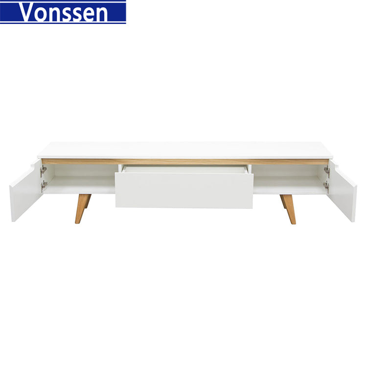 Low Profile Entertainment Cabinet TV Stand in White with Oak Legs 9963