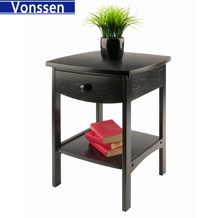 Vonssen End Table Nightstand Storage Display Drawer Shelf Beside Bedroom Black SI-20335