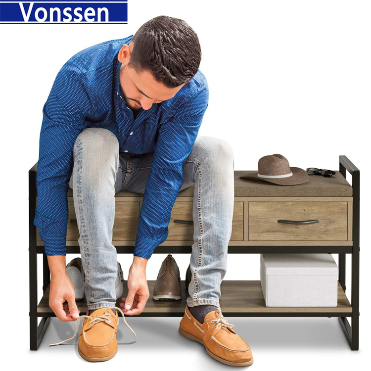 Vonssen  Shoe Bench Rack with Removable Cushion 2 Tier Shoe Bench with 3 Fabric Drawer for Entryway Bedroom Living Room Hallway Cherry VS1060200029