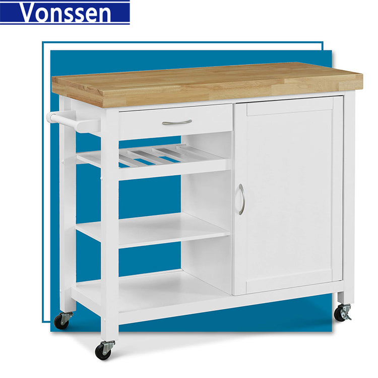 Vonssen Kitchen Island Cart Rolling Serving Cart Wood Trolley with Drawer Storage Cabinet Wine Bottle Rack Towel Rack and Lockable Wheels SI-20070