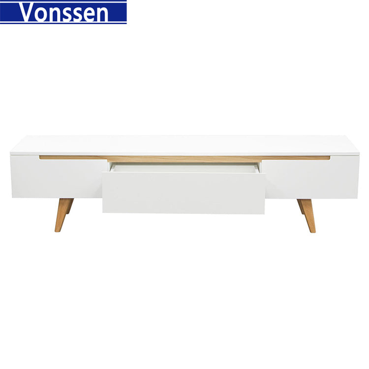 Low Profile Entertainment Cabinet TV Stand in White with Oak Legs 9963