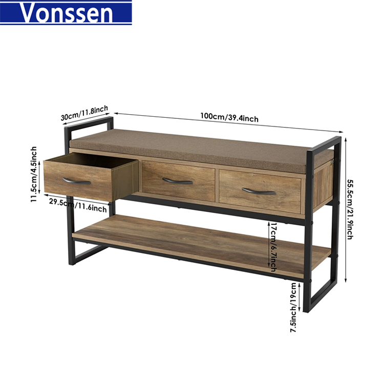 Vonssen  Shoe Bench Rack with Removable Cushion 2 Tier Shoe Bench with 3 Fabric Drawer for Entryway Bedroom Living Room Hallway Cherry VS1060200029