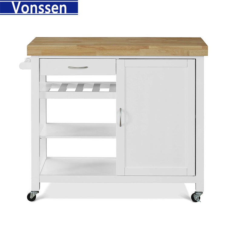 Vonssen Kitchen Island Cart Rolling Serving Cart Wood Trolley with Drawer Storage Cabinet Wine Bottle Rack Towel Rack and Lockable Wheels SI-20070