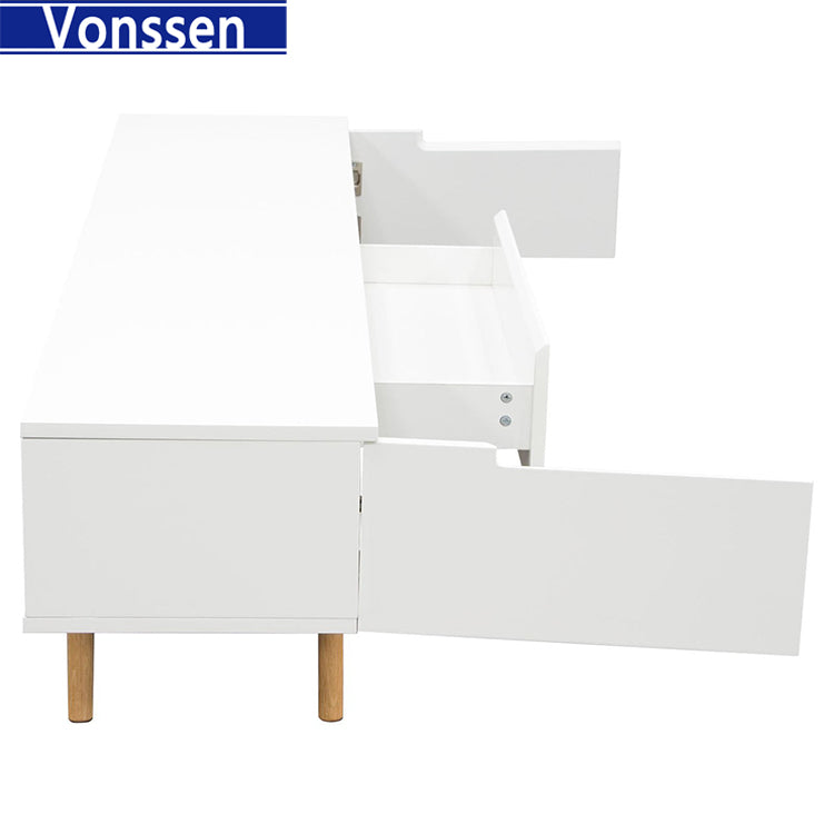 Low Profile Entertainment Cabinet TV Stand in White with Oak Legs 9963