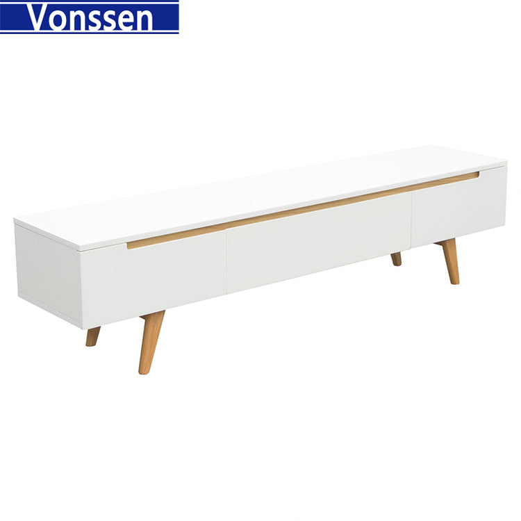 Low Profile Entertainment Cabinet TV Stand in White with Oak Legs 9963