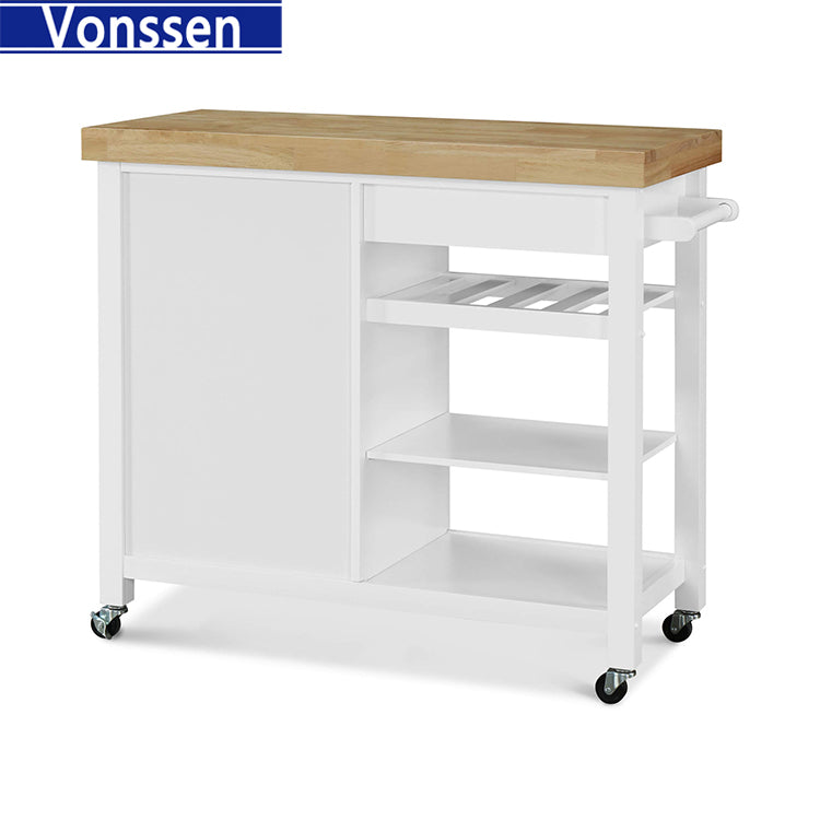 Vonssen Kitchen Island Cart Rolling Serving Cart Wood Trolley with Drawer Storage Cabinet Wine Bottle Rack Towel Rack and Lockable Wheels SI-20070