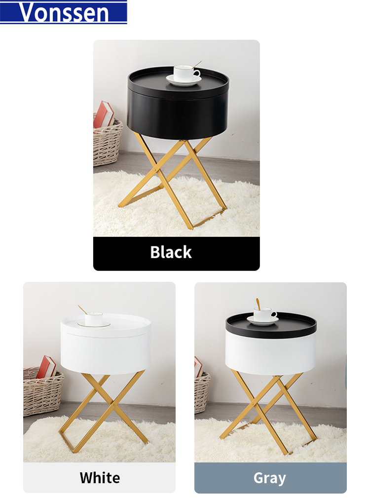 Vonssen Side Table Round Coffee Table with Tray End Table Wooden Sofa Table Rotatable Small Storage Organizer X-shaped metal table legs VS1010400085