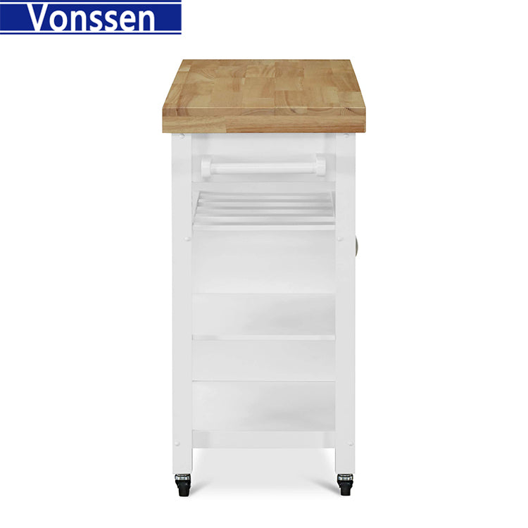 Vonssen Kitchen Island Cart Rolling Serving Cart Wood Trolley with Drawer Storage Cabinet Wine Bottle Rack Towel Rack and Lockable Wheels SI-20070