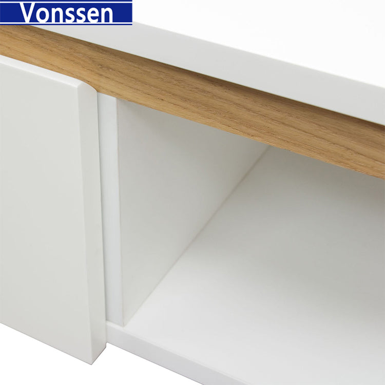 Low Profile Entertainment Cabinet TV Stand in White with Oak Legs 9963