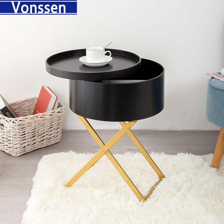 Vonssen Side Table Round Coffee Table with Tray End Table Wooden Sofa Table Rotatable Small Storage Organizer X-shaped metal table legs VS1010400085