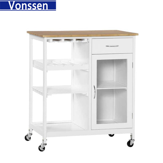 Vonssen Kitchen Island with Single Door Cabinet and Shelf Movable Multipurpose Kitchen Island Trolley Locking Casters Small Coffee Trolley Microwave Stand SI-20151