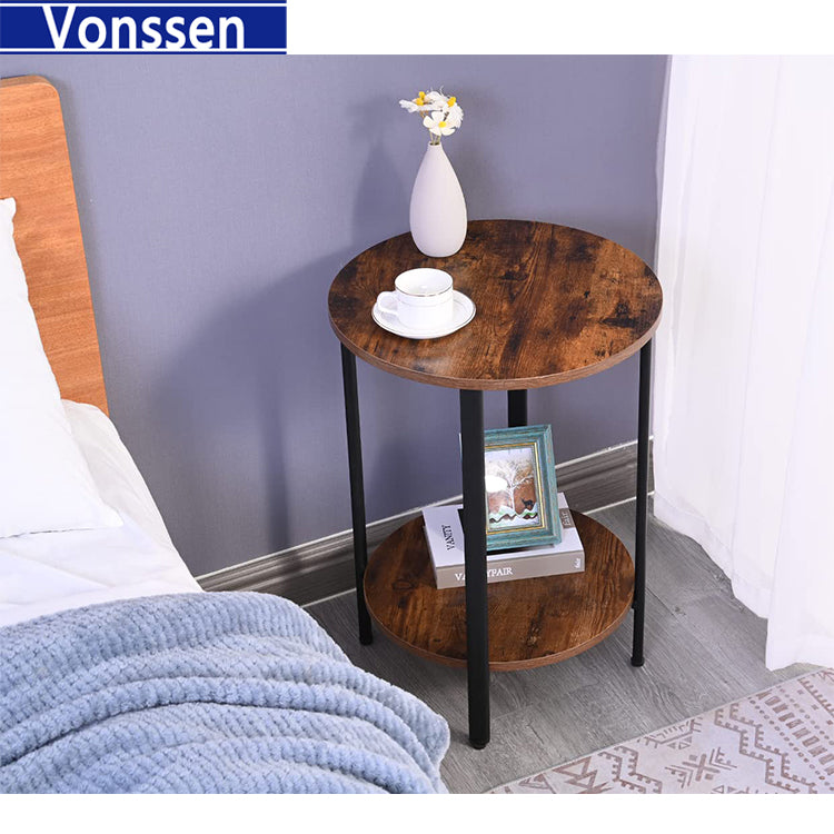 Vonssen Round Sofa Side End Tables 2-Tier Industrial Bedside Nightsand Tables Steel Frame MDF for Small Spaces Living Room Bedroom VS1010500023--