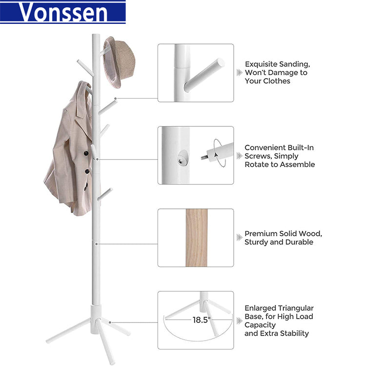 Vonssen Wooden Tree Coat Rack Stand with 8 Hooks Sturdy Freestanding Coat Rack Triangular Base Easy Assembly Free Standing Coat Hanger for Clothes Suits Hats VS1060400012