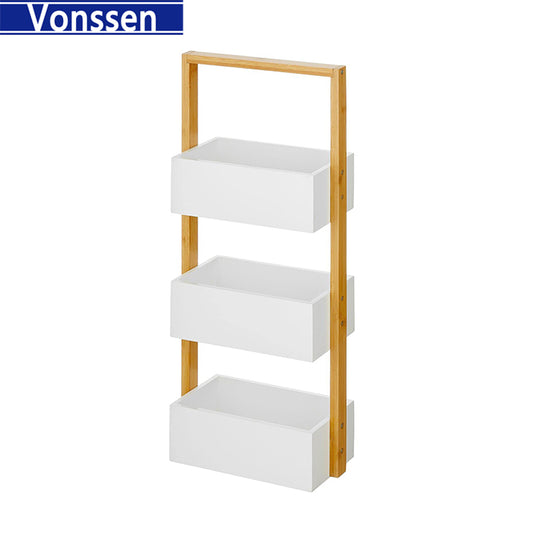 Vonssen Free-Standing 4-Tiered Shelf for Bathroom Wood Bamboo Storage Rack Room Decor Shelves Decorative Organizer Bins for Bath Towels Hand Soap and Toiletries VS1041200077