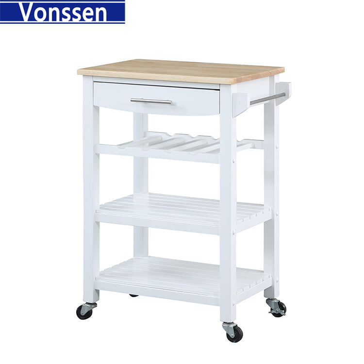 Vonssen White Multipurpose Utility Cart,Butcher Block Kitchen Island on Wheels with Drawer, Farmhouse Islands with Storage Shelf for Small Places SI-20262