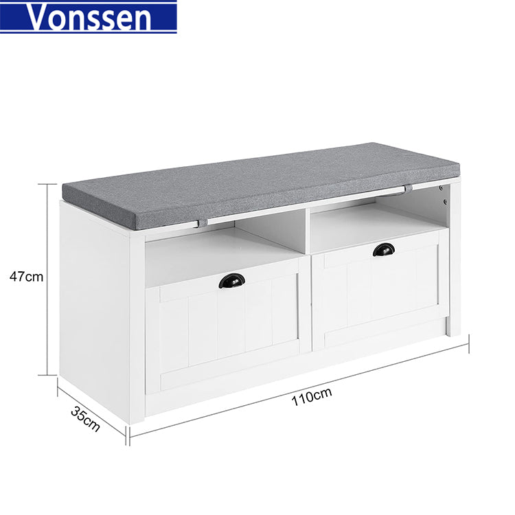 Vonssen Upholstered Footstools Wooden Storage Stool Storage Bench 2-Layer Design Double Door for Balcony SI-20341