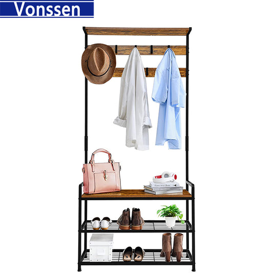 Vonssen 3-in-1 Hall Tree Coat Rack Shoe Bench with 9 Hooks and Storage Shelf Industrial Entryway Storage Shelf Bench Easy Assembly Rustic Brown VS1060400016