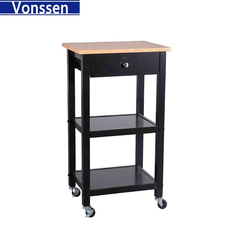 Vonssen Black Microwave Cart Small Kitchen Island on Wheels with Wood Top and Drawer, Multipurpose Utility Cart with Open Storage Shelf for Small Places SI-30084